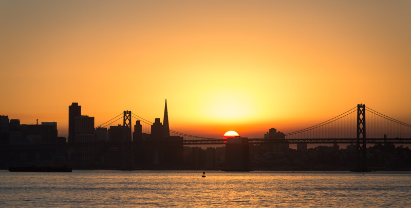 sun, nature, suspension bridge, connection, water, 5K, ocean, outdoors, cityscape, travel destinations, architecture, sky, sunset, silhouette, sunrise