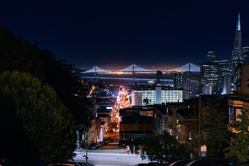 building exterior, plant, travel destinations, road, skyscraper, traffic, built structure, city, office building exterior, mode of transportation, oakland bay bridge