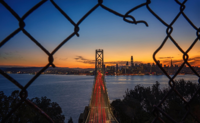 skyscraper, lights, city, USA, clouds, sky, 1080P, cityscape, San Francisco, sunset, building, Oakland Bay Bridge, California, evening