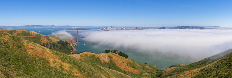 smoke - physical structure, pano, land, scenics - nature, travel, panoramic, blue, sky, mountain range, bay, fog, united states, ocean, cloud - sky, karl