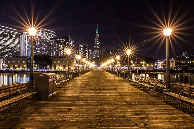 California, river, bridge, 2K, Pier, building, night, home, lights, USA, benches, CA, San Francisco