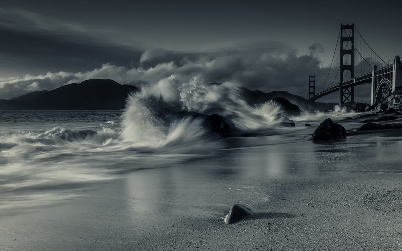 bridge, 1080P, the sky, Bay, wave, Bay Bridge, San Francisco, CA, California