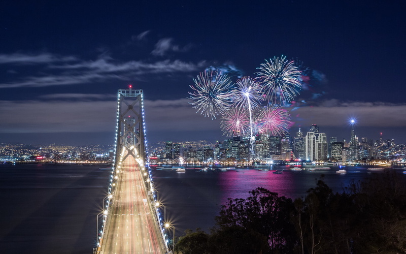 firework - man made object, motion, long exposure, city, arts culture and entertainment, CA, cityscape, USA, sky, building exterior, lights, built structure