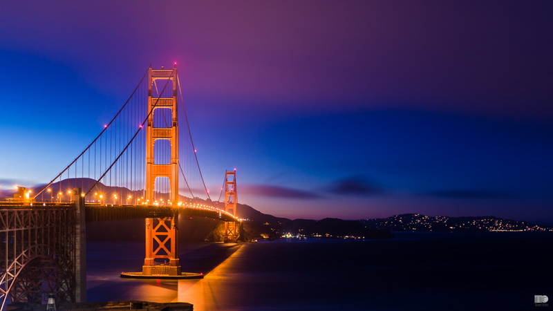 purple, 1080P, USA, lighting, backlight, Golden Gate, the sky, San Francisco, blue, night, lights, CA, Golden Gate Bridge, California, bridge