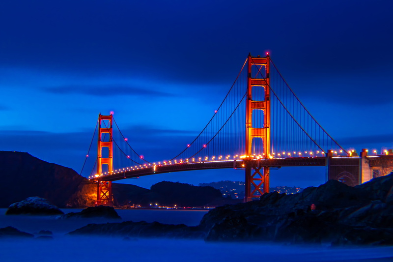 baker beach, lights, travel destinations, san francisco, bay of water, night, dusk, landscape, architecture, francisco, blue, suspension bridge, water