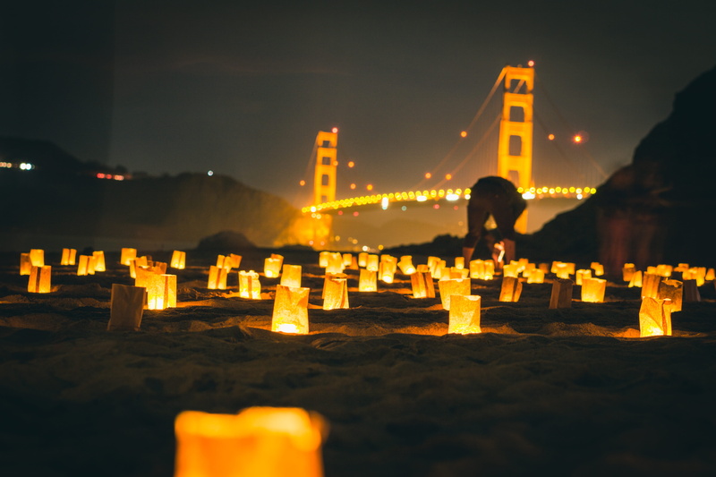 travel, built structure, baker beach, labyrinth, text, lights, night, spirituality, architecture, flame, golden gate bridge, 5K, city, san francisco, illuminated