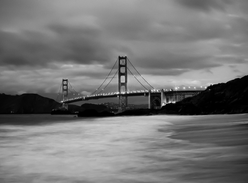 California, connection, united states, water, Monochrome, tourism, travel, suspension bridge, sea cliff, Black and White, outdoors, Baker Beach, cloud - sky