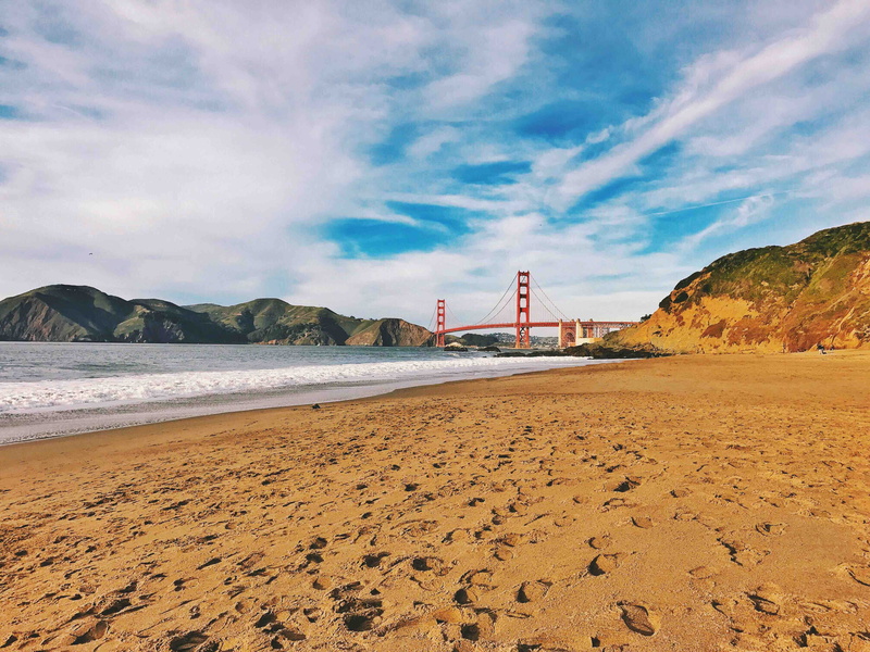 beach, baker beach, sea, no people, cloud - sky, mountain, sand, outdoors, land, scenics - nature, built structure, united states, architecture, bay, golden gate