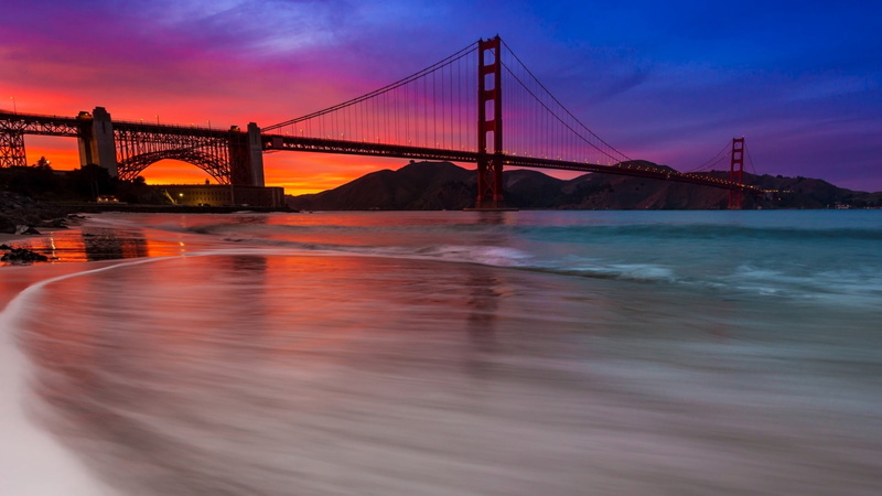 transportation, travel, tourism, dusk, cityscape, sky, bay, ocean, united states, no people, suspension bridge, connection, baker beach, san fransisco