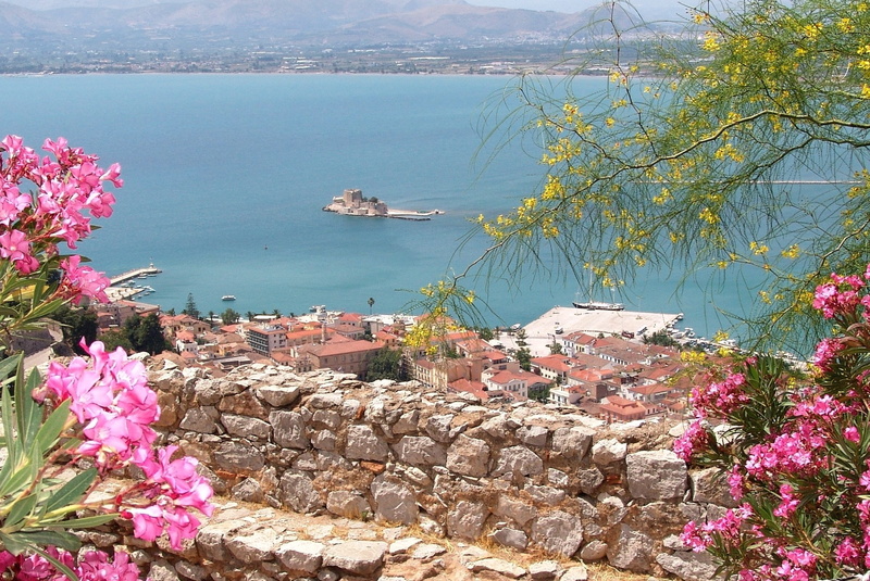 pink color, water, green, land, flowering plant, sea, building exterior, plant, day, building, nature, leaves, built structure, nafplio, greece, booked