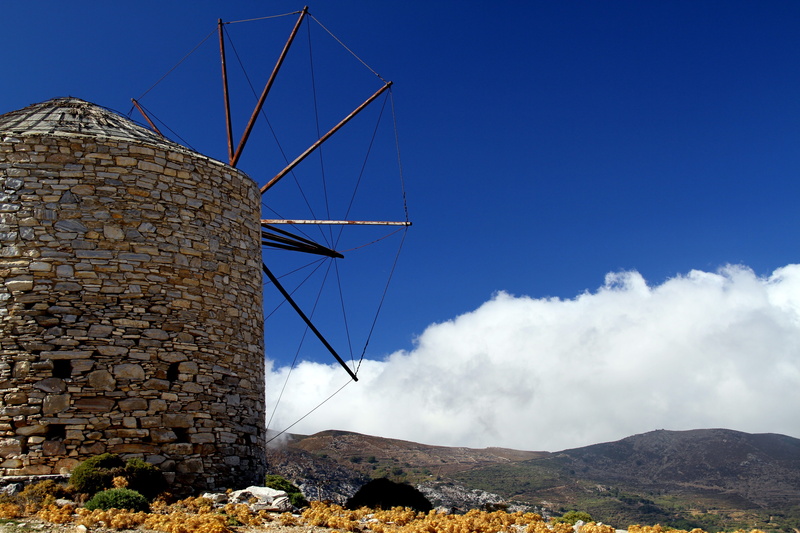 beauty in nature, wind power, mountain, nature, naxos, windmill, cyclades, landscape, cloud - sky, built structure, renewable energy, architecture, scenics - nature