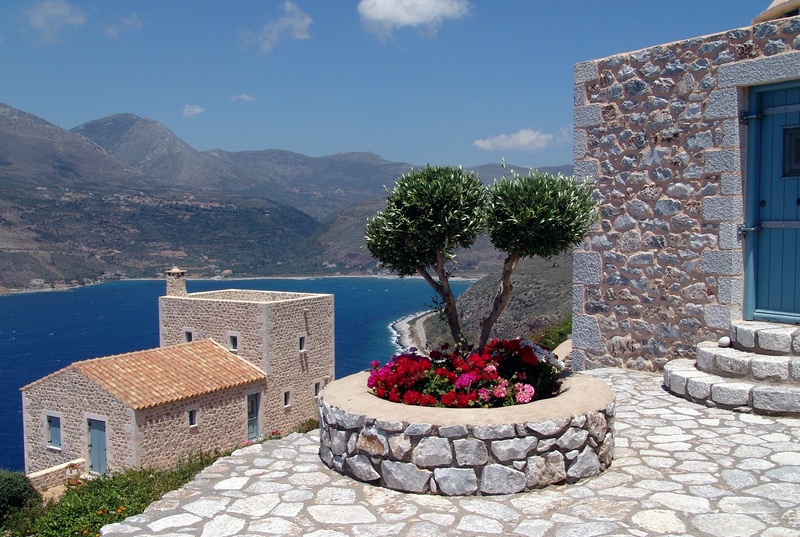 flower, terrace, mani peninsula, mani, water, flower pot, tree, plant, 2K, day, building, sea, residential district, green, mountain, potted plant, mediterranean