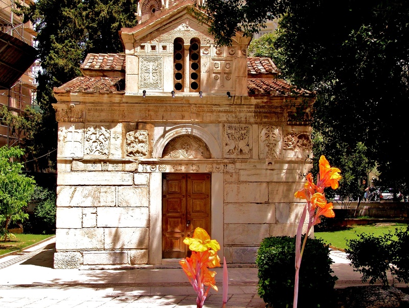 entrance, art and craft, greece, sculpture, mediterranean, outdoors, 2K, religion, orthodox, tree, plant, church, built structure, sunlight, history, day