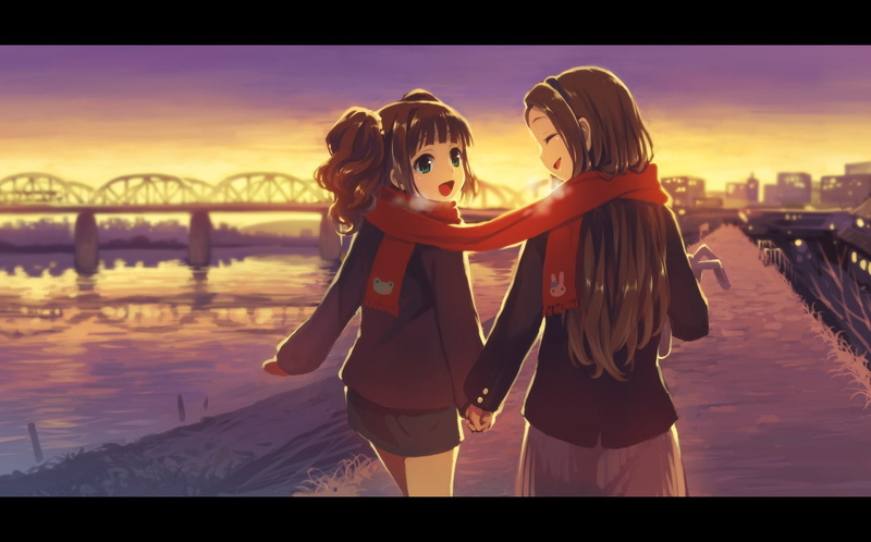 hd, bridges, art, girls, takatsuki, anime, 720P, scarf, idolmster, minase, yayoi, brunettes, iori, architecture, two