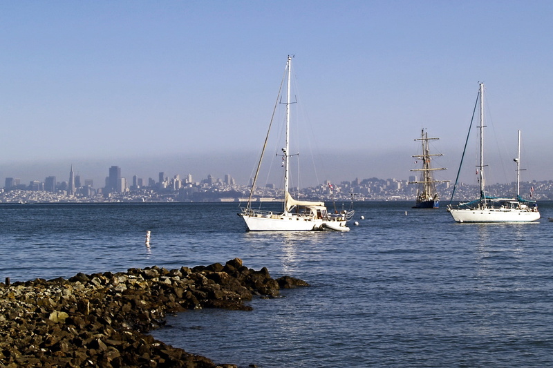 sea, outdoors, ship, Town, transportation, mast, boats, california, pole, Sausalito, 1080P, pacific, landscape, sky, day, nature, San Francisco, built structure