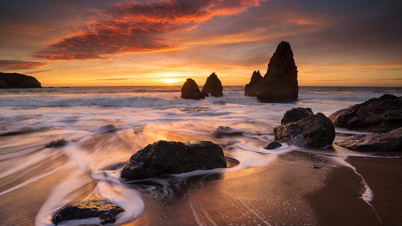ocean, rock, sausalito, rock formation, stack, sea, sunset, sea stack, usa, body of water, rodeo beach, sky, golden gate national recreation area, sea stacks