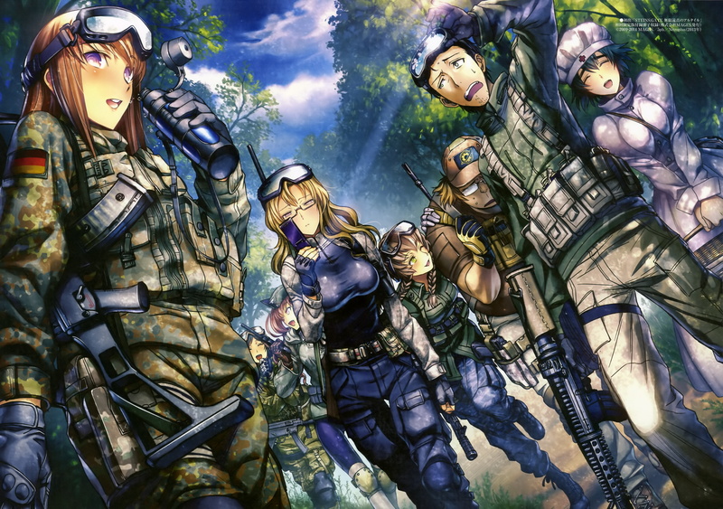 shiina mayuri, weapon, day, okabe rintarou, group of people, makise kurisu, armed forces, low angle view, art and craft, cloud - sky, male likeness, sculpture
