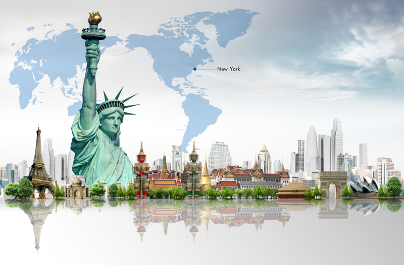 map, skyscrapers, 8K, trees, the statue of liberty, Eiffel tower, building
