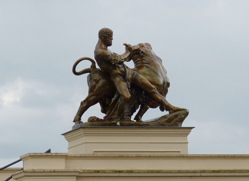 representation, sculpture, female likeness, force, bull, art and craft, outdoors, male likeness, castle, art, low angle view, the past, mecklenburg, metal