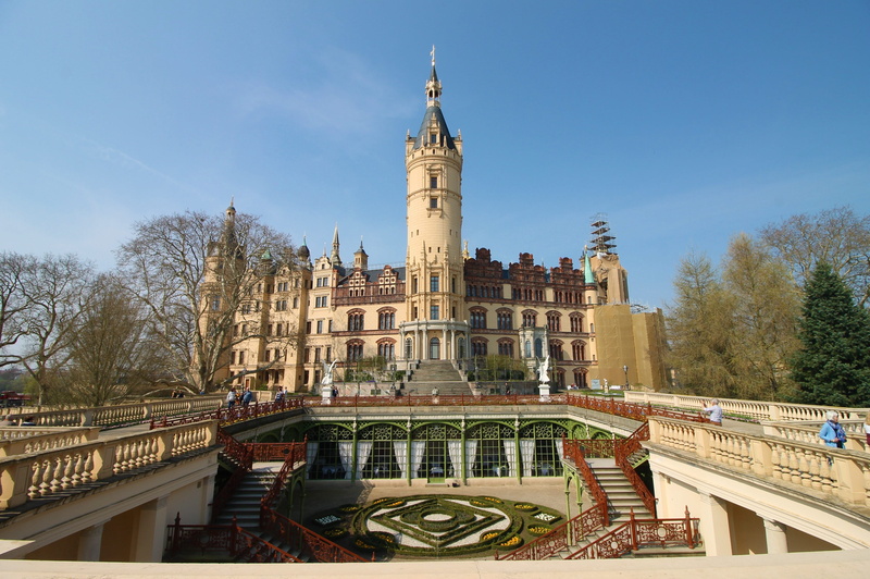 historically, sky, garden, travel destinations, architecture, state capital, bridge, city, historic center, tower, flowers, spring, 4K, botany, mecklenburg western pomerania