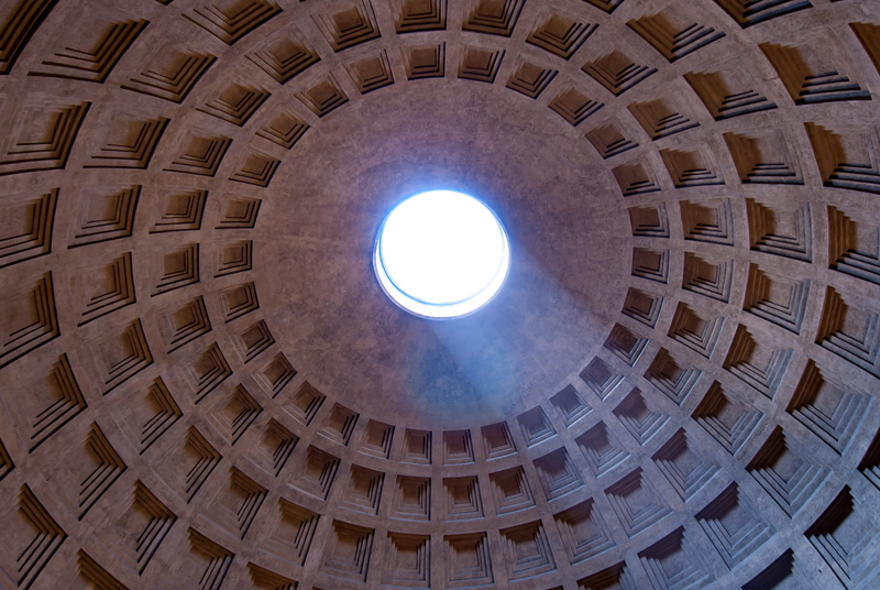 building exterior, history, cupola, building, sunlight, low angle view, hole, no people, low, rooftop, curf, skylight, shape, geometric shape, dome, pantheon