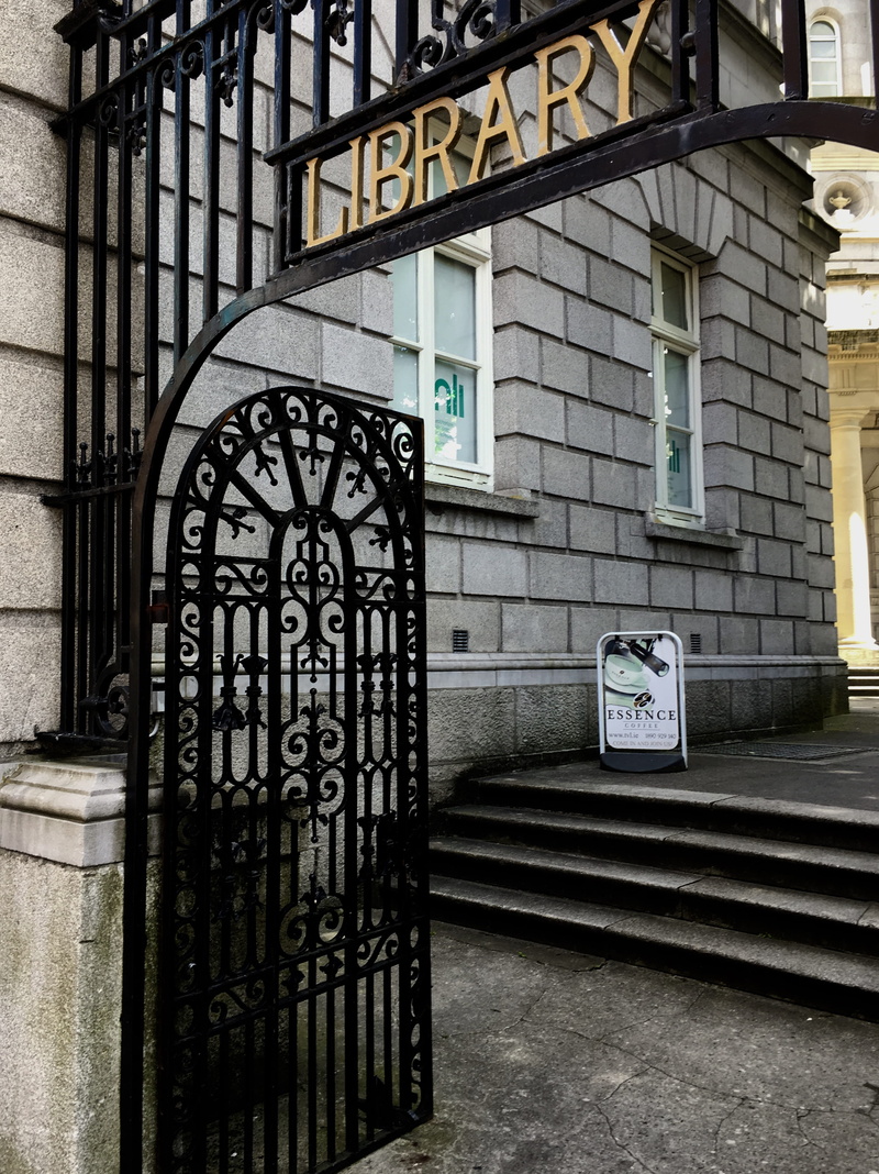 sign, architecture, entrance, information, wrought iron, railing, outdoors, building, dublin, building exterior, european, city, gate, western script, ireland
