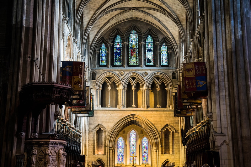 ireland, spirituality, stained glass, arched, gothic style, st patricks cathedral, architectural column, the past, low angle view, history, built structure