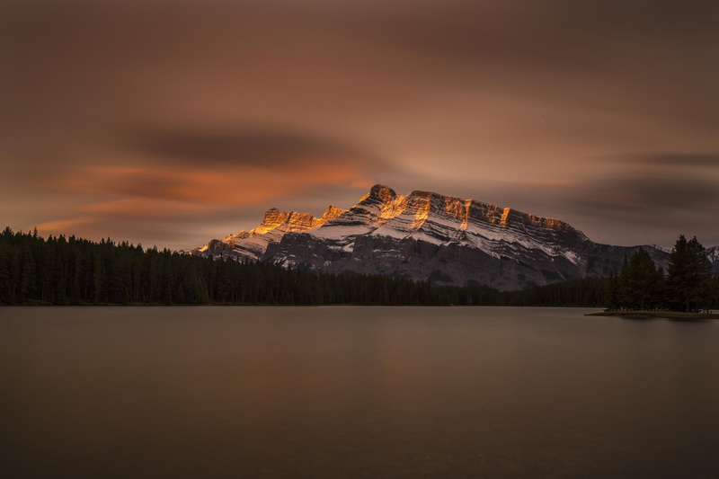 sunlight, trees, 1080P, brown, landscape, nature, snow, mountains, island, water, long exposure, forest, Canada, clouds, overcast, lake