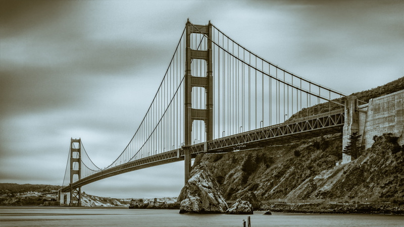 cityscape, city, black and white, cloud - sky, outdoors, nature, golden gate bridge, san francisco, water, built structure, suspension bridge, golden, places of interest