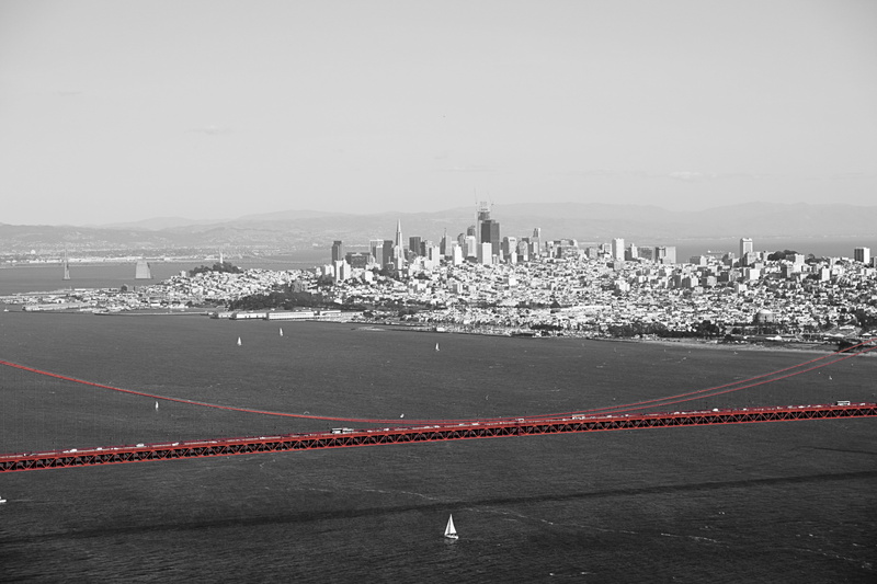 nature, 5K, sea, colour blend, sky, city, san francisco, no people, mode of transportation, black and white, day, shipping, skyscraper, golden gate, harbor