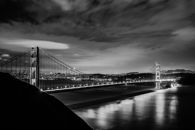 golden, water, engineering, city, black and white, monochrome, suspension bridge, sky, golden gate bridge, night, cityscape, marin, river, gate, manhattan
