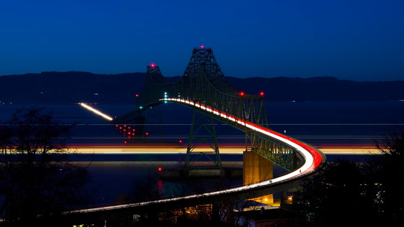 water, transportation, connection, bridge, city, dusk, traffic lights, cityscape, 1080P, bridge - man made structure, no people, light trails, outdoors