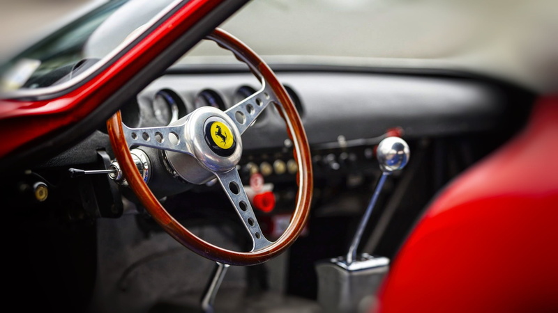 car interior, 1080P, red cars, steering wheel, Ferrari, vehicle, car