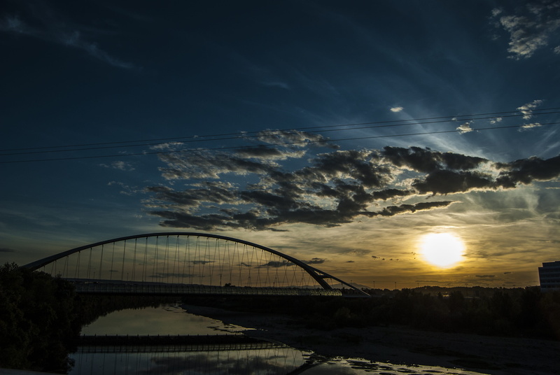 city, Sunset, vapor trail, power line, bridge - man made structure, calm, scenics - nature, horizon, water, bridge, architecture, river, arch bridge, sun