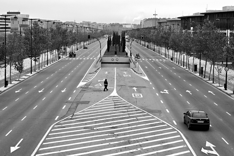 direction, land vehicle, viewpoint, car, outdoors, Avenue, black, saragossa, white, people, spain, transportation, modern bridge, bridge, 4K, city street
