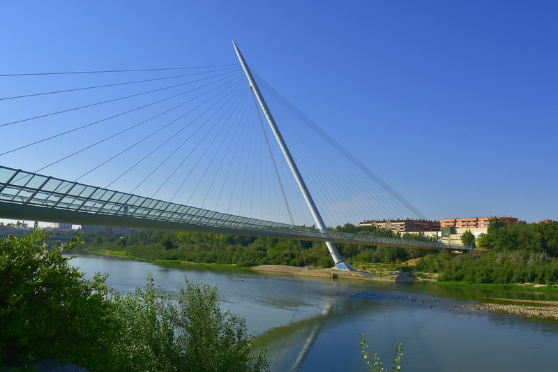 nature, suspension bridge, connection, plant, water, transportation, river, city, saragossa, day, reflection, bridge, clear sky, building exterior, 5K