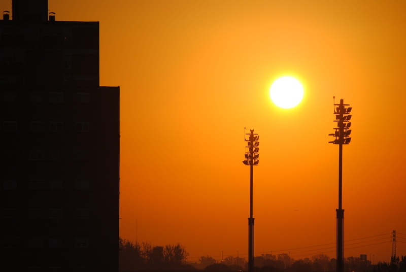 building, Saragossa, skyscraper, Sun, illuminated, low angle view, built structure, 4K, lighting equipment, orange color, electricity, street, outdoors