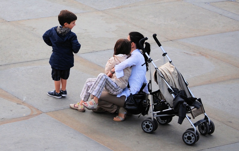 parent, baby carriage, males, care, relaxation, childhood, positive emotion, son, conversation, physical impairment, adult, casual clothing, togetherness
