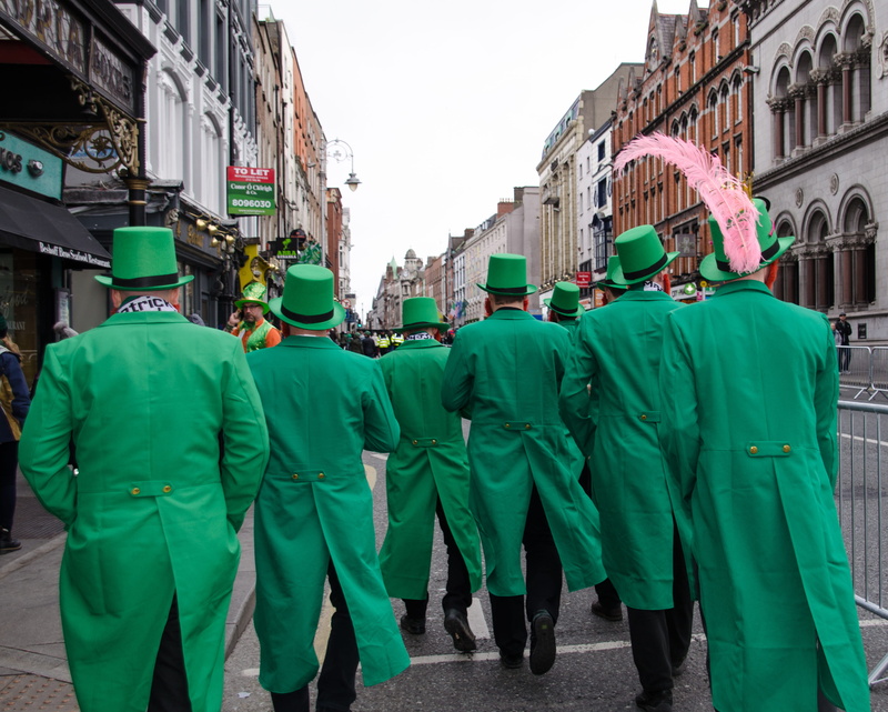 built structure, city, ireland, building exterior, building, rear view, architecture, people, green color, st.patricks day, 4K, men, clothing, day, walking