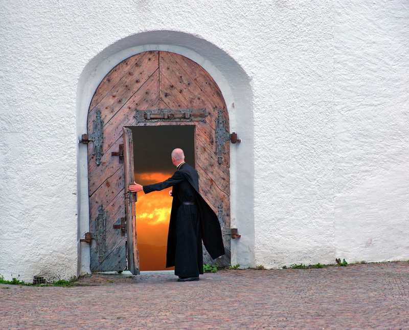 full length, religion, standing, rear view, hell, one person, men, entrance, priest, arch, belief, architecture, 1080P, traditional clothing, built structure
