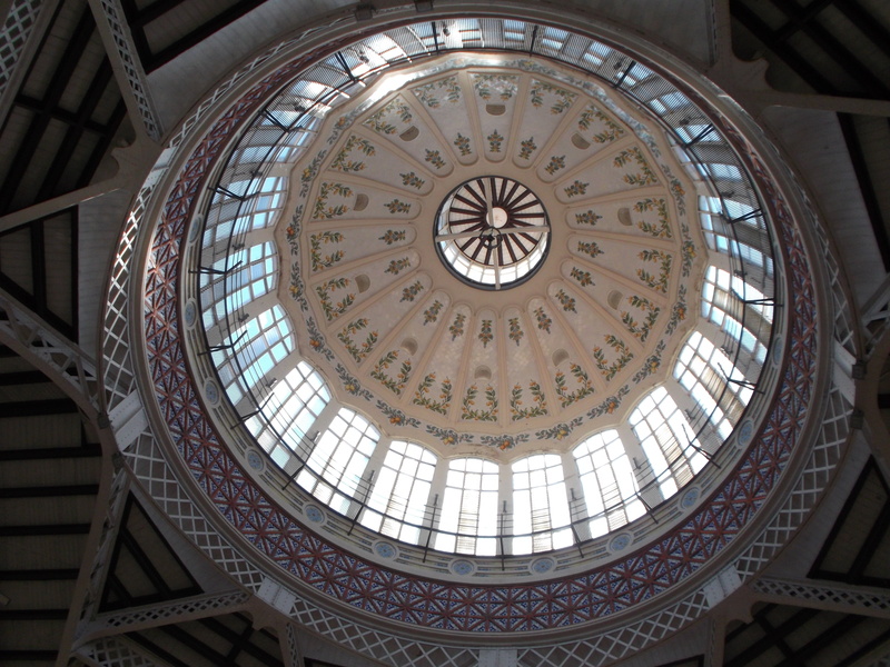 beauty, central market valencia, mural, indoors, cupola, travel destinations, low angle view, pattern, ornate, ceiling, glass - material, architecture and art