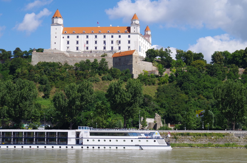 built structure, transportation, passenger craft, slovakia, water, no people, sky, nature, bratislava, danube, travel destinations, building, cloud - sky