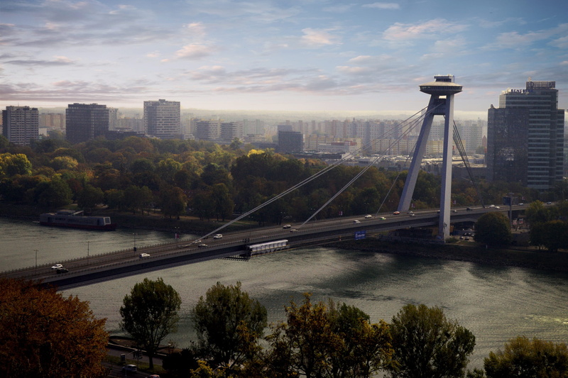 engineering, office building exterior, outdoors, danube, skyscraper, cloud - sky, slovakia, plant, scape, bratislava, tall - high, 2K, suspension bridge