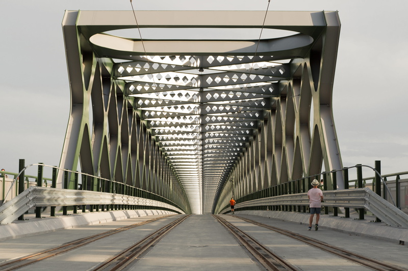 modern, nature, travel, bridge - man made structure, real people, walking, 4K, one person, slovakia, the way forward, metal, geometric, diminishing perspective