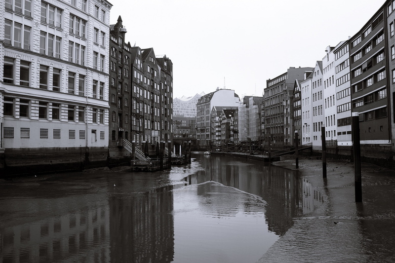 built structure, waterfront, canal, reflection, architecture, hanseatic city of hamburg, nature, day, city, b w, port motifs, outdoors, waters, white, hamburg