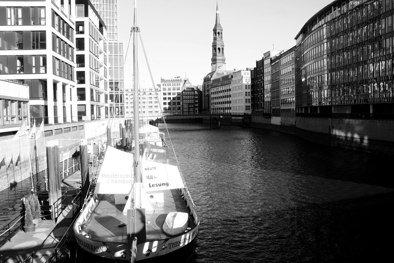 travel destinations, waters, harbour cruise, cityscape, nautical vessel, transportation, hanseatic city of hamburg b w, modern, building, spire, day, black and white photography