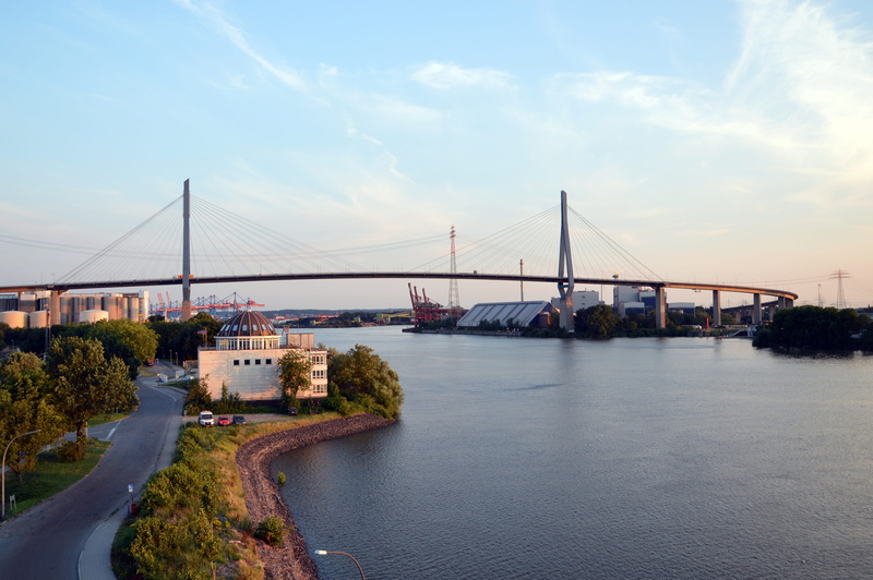 waltershof, köhlbrand bridge, tourism, bay, transportation, sky, engineering, travel, river, built structure, suspension bridge, bridge, water, port, cloud - sky