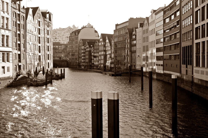 waters, no people, port motifs, wooden post, residential district, built structure, water, 4K, sky, clear sky, building, channel, nautical vessel, sepia