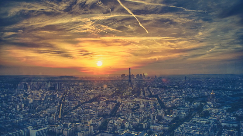 skyline, orange color, building, cloud - sky, travel destinations, time, architecture, crowded, Paris, crowd, outdoors, 1080P, high angle view, sunset