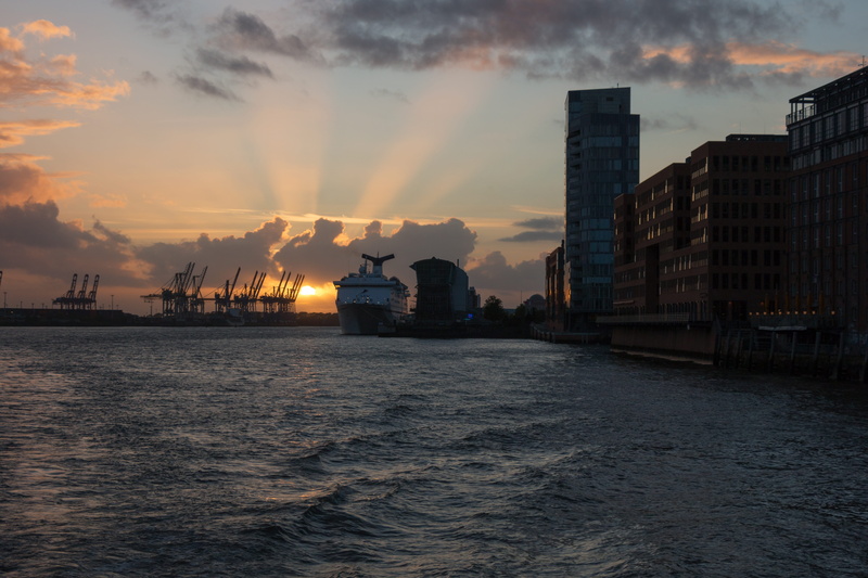 scenics - nature, building exterior, landungsbrücken, 5K, nature, no people, sky, sunset, hanseatic, crane, orange color, port of hamburg, beauty in nature